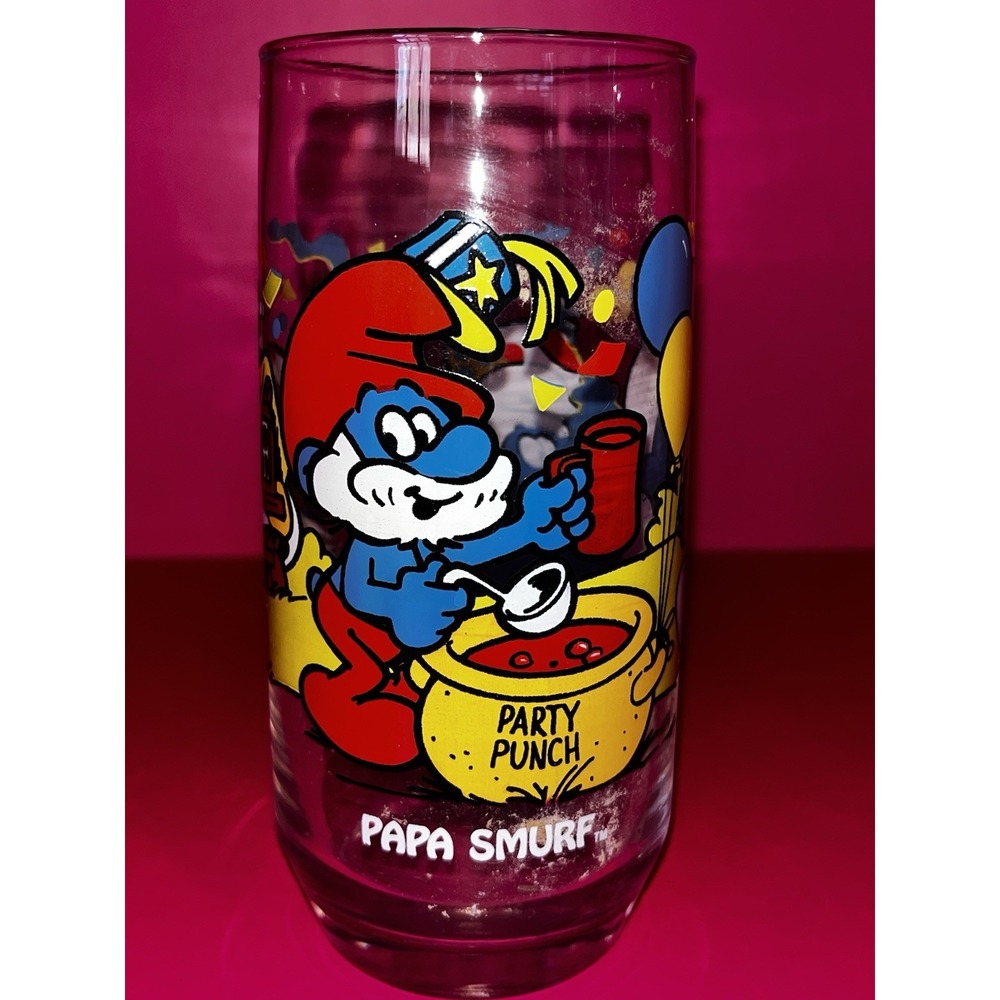Vintage PAPA‎ SMURF Hardees Collector Glass Cup Tumbler 1983 Peyo Wallace Berrie